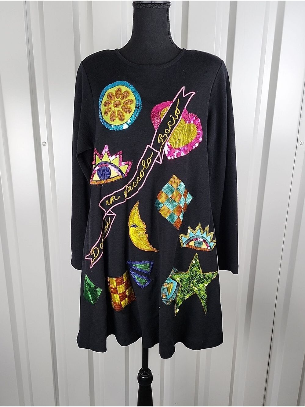 Andrea Jovine Vintage Black Dress Multicolor Sequins Wool Womens Med Maximalist